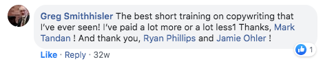 Greg Smithhisler: The best short training on copywriting that I've ever seen. I've paid a lot more for a lot less. Thanks, Mark Tandan.